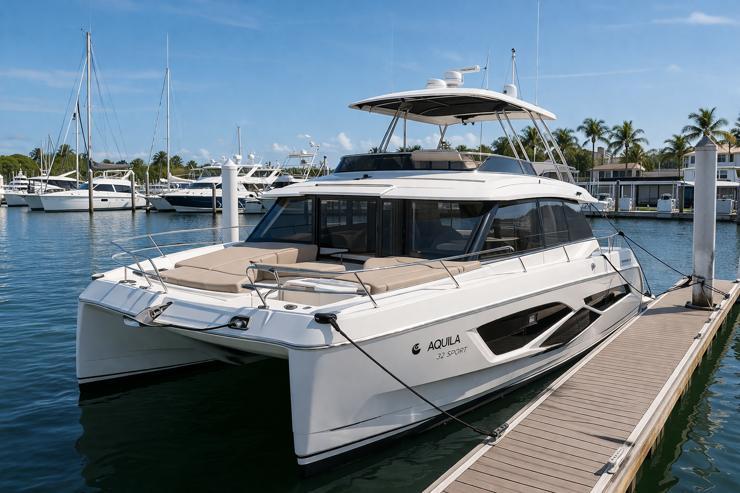 2021 Aquila 32 Sport power catamaran docked at marina