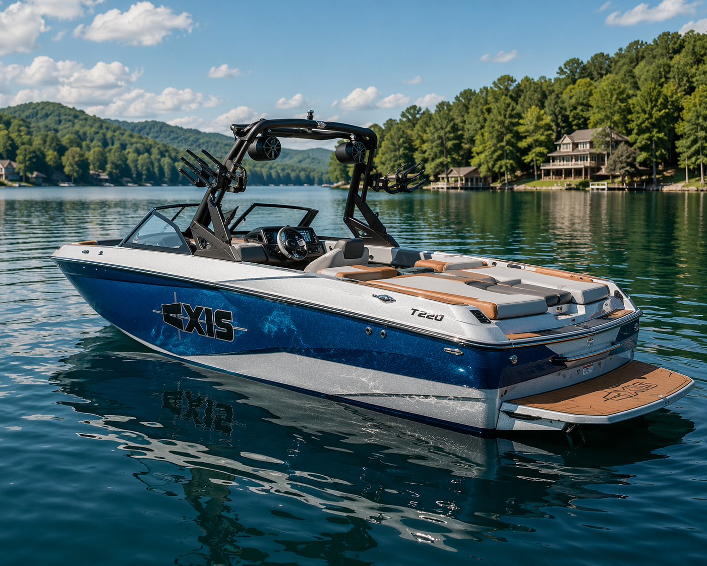 2022 Axis T220 wakesurf boat floating on calm lake water