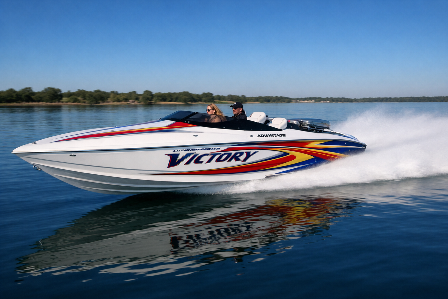 Advantage Victory performance boat running at high speed on flat water
