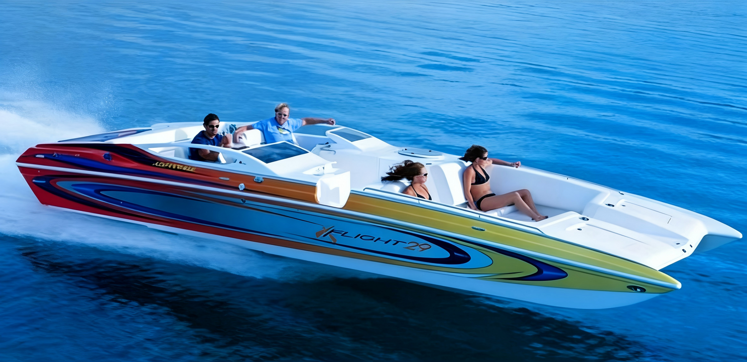 Advantage X Flight 29 performance deck boat cruising on open water