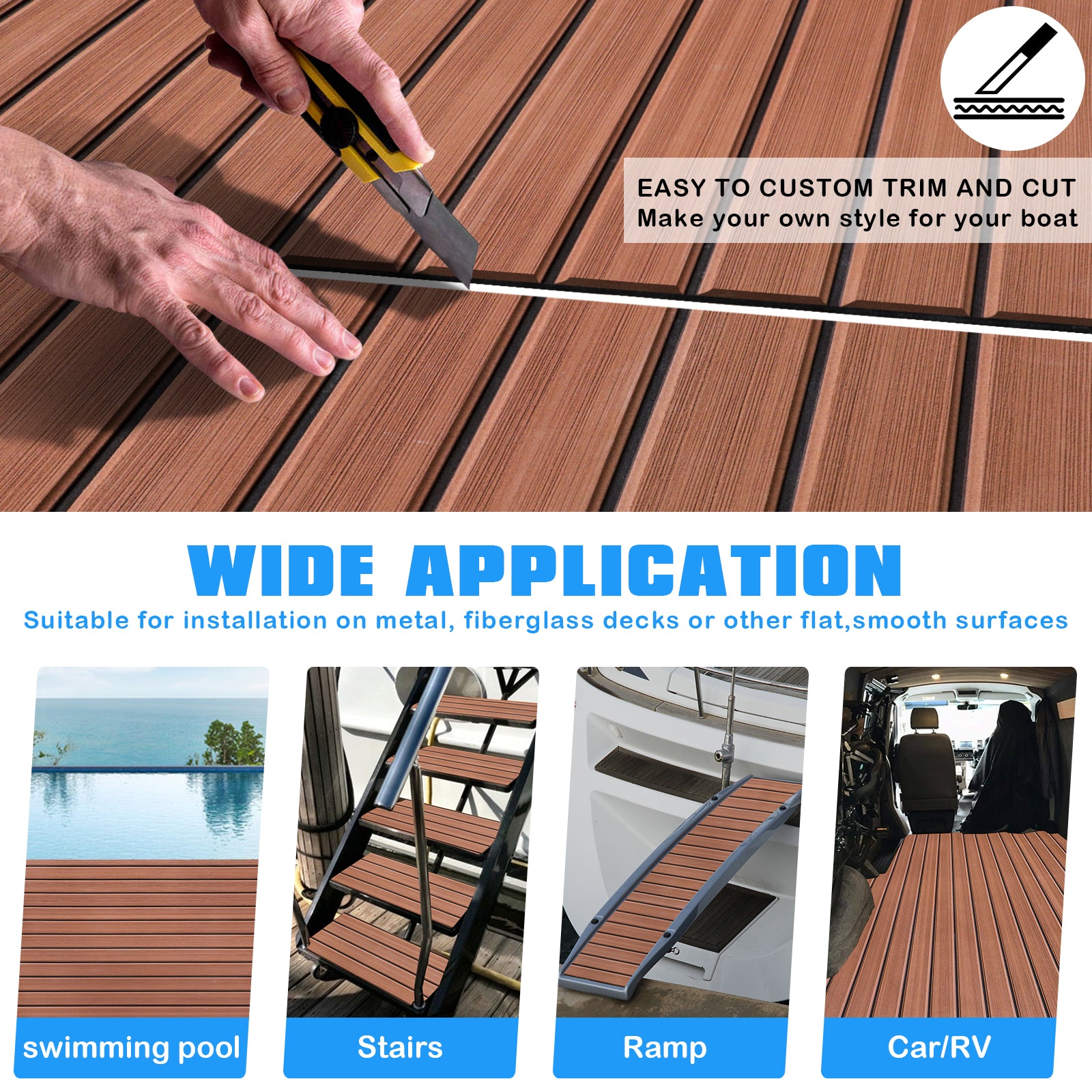 3M Self Adhesive EVA Foam Sheets - Dark Brown and Black Faux Teak U Groove Boat Flooring HzKaiCun