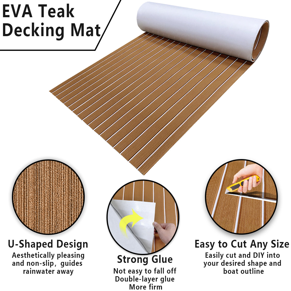 3M Self Adhesive EVA Foam Sheets - Light Brown and White Faux Teak U Groove Boat Flooring HzKaiCun