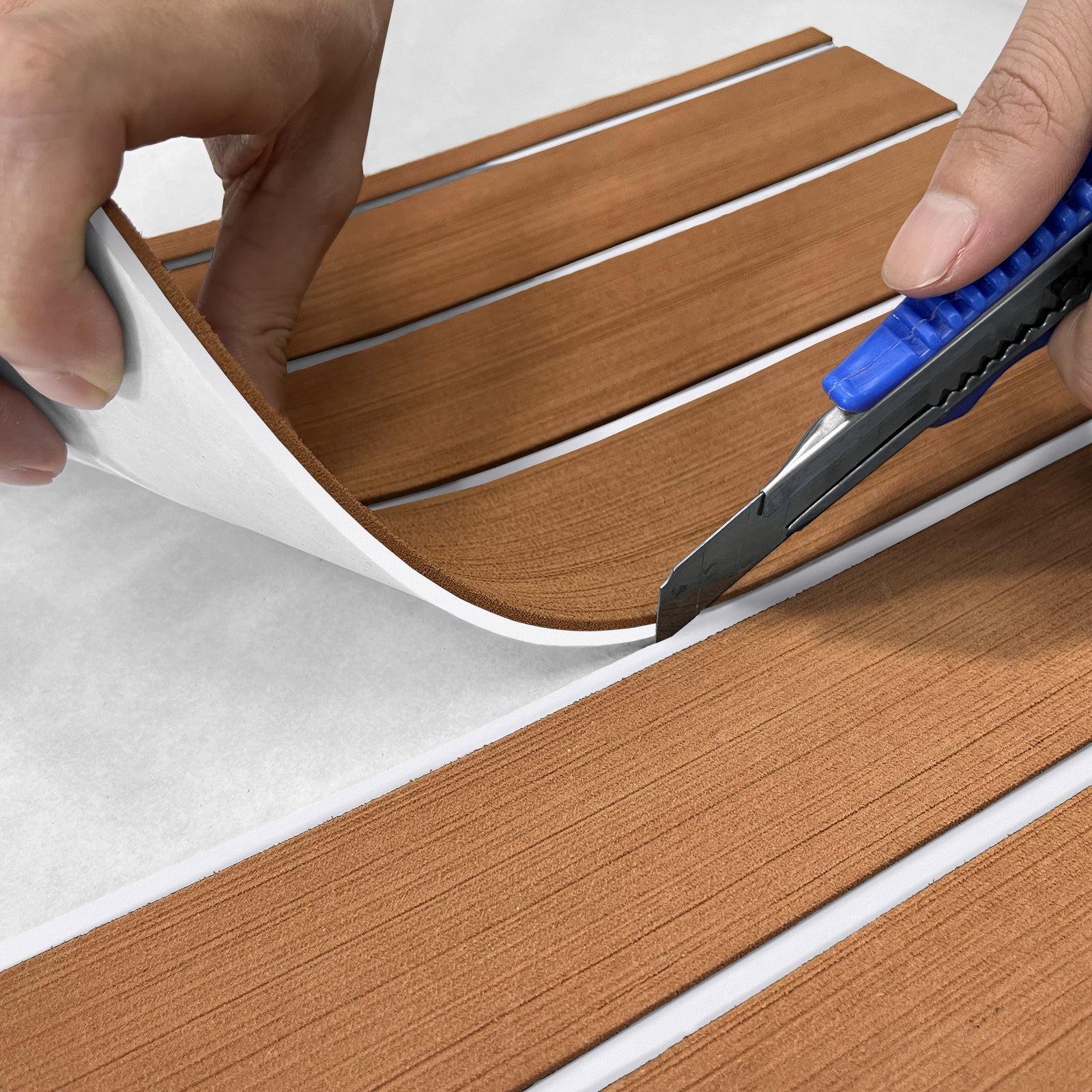 3M Self Adhesive EVA Foam Sheets - Light Brown and White Faux Teak H Groove Boat Flooring